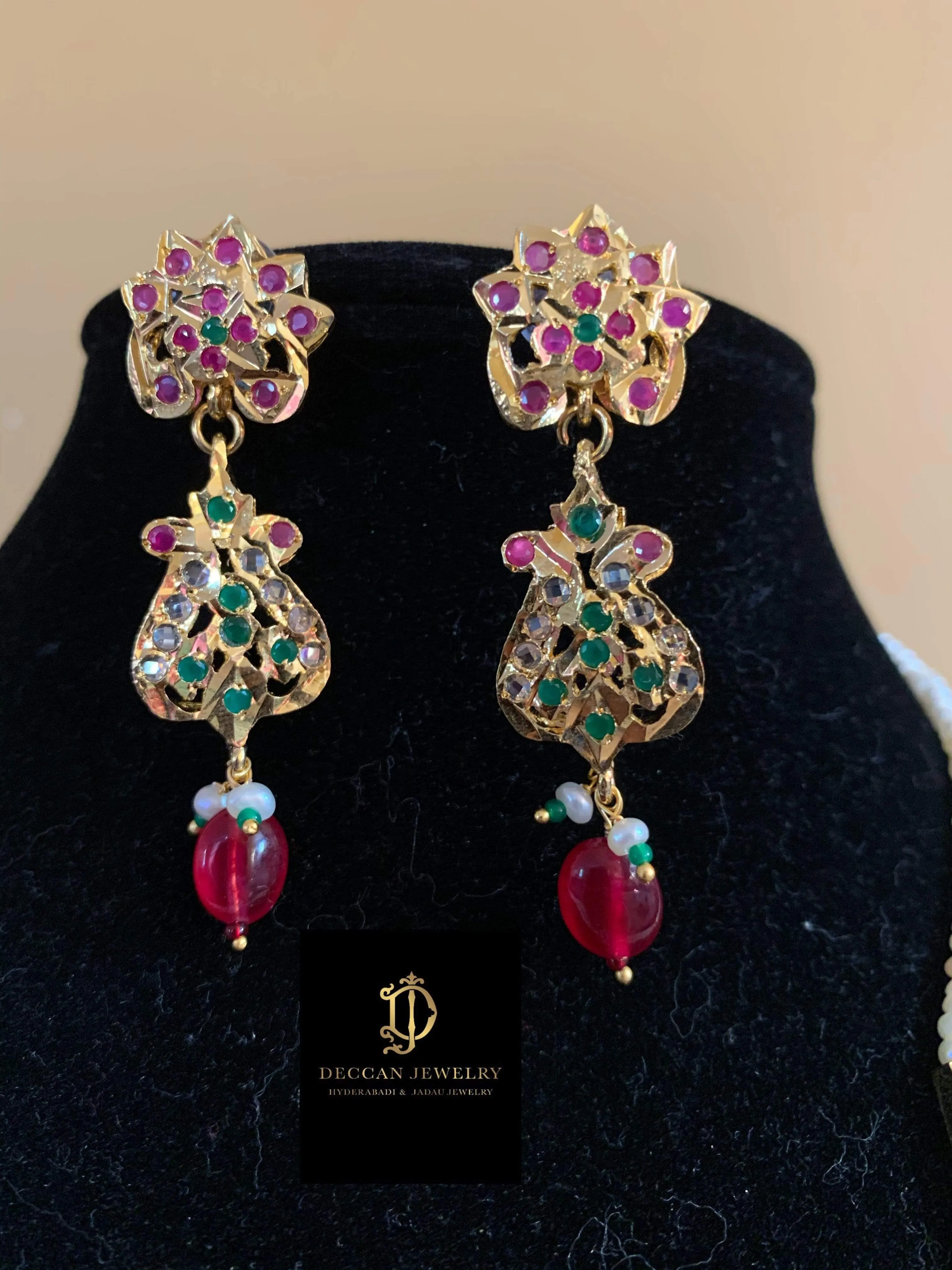 NS103 Sajal necklace in ruby emerald with fresh water  pearls (READY TO SHIP )