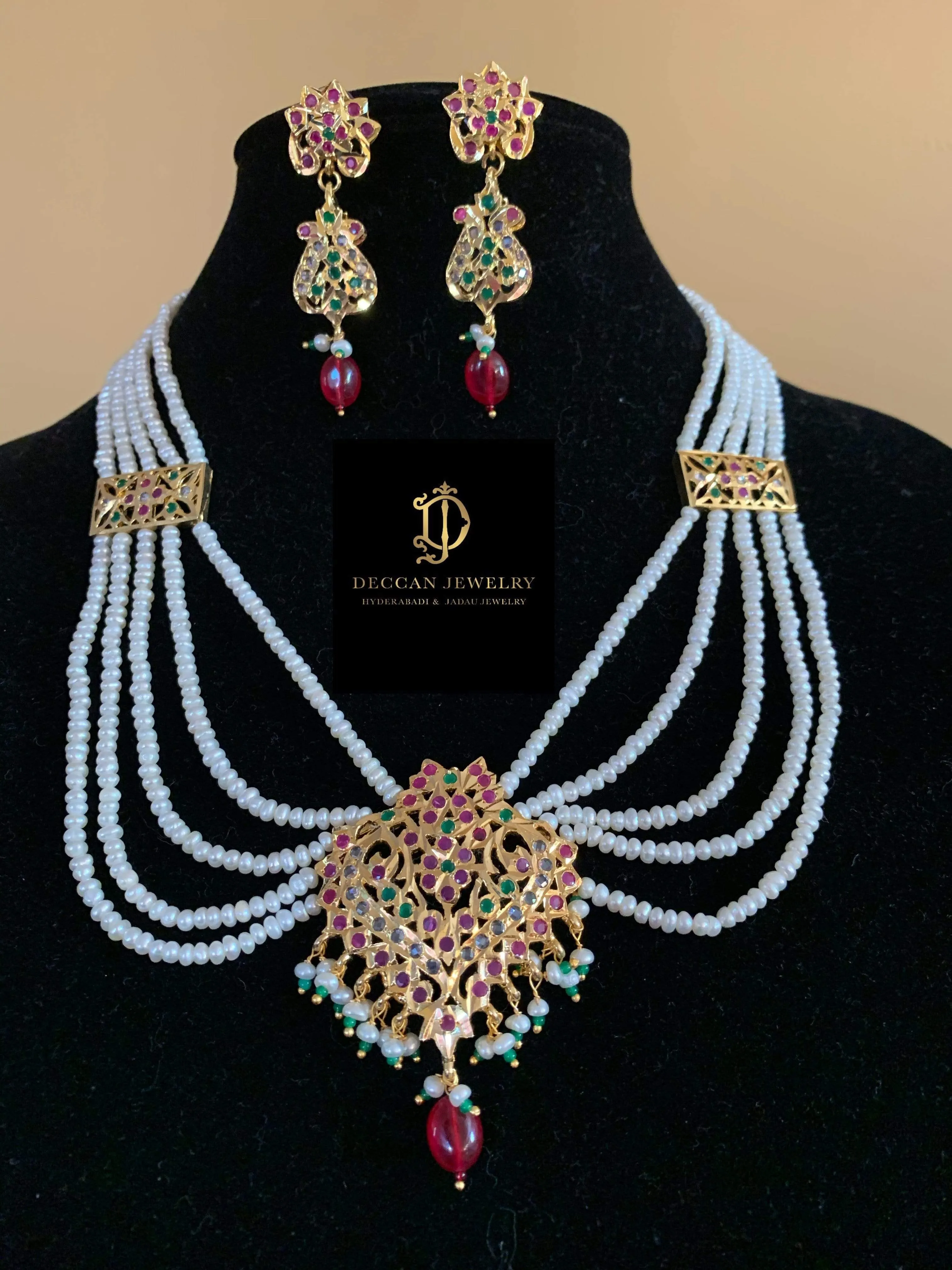 NS103 Sajal necklace in ruby emerald with fresh water  pearls (READY TO SHIP )