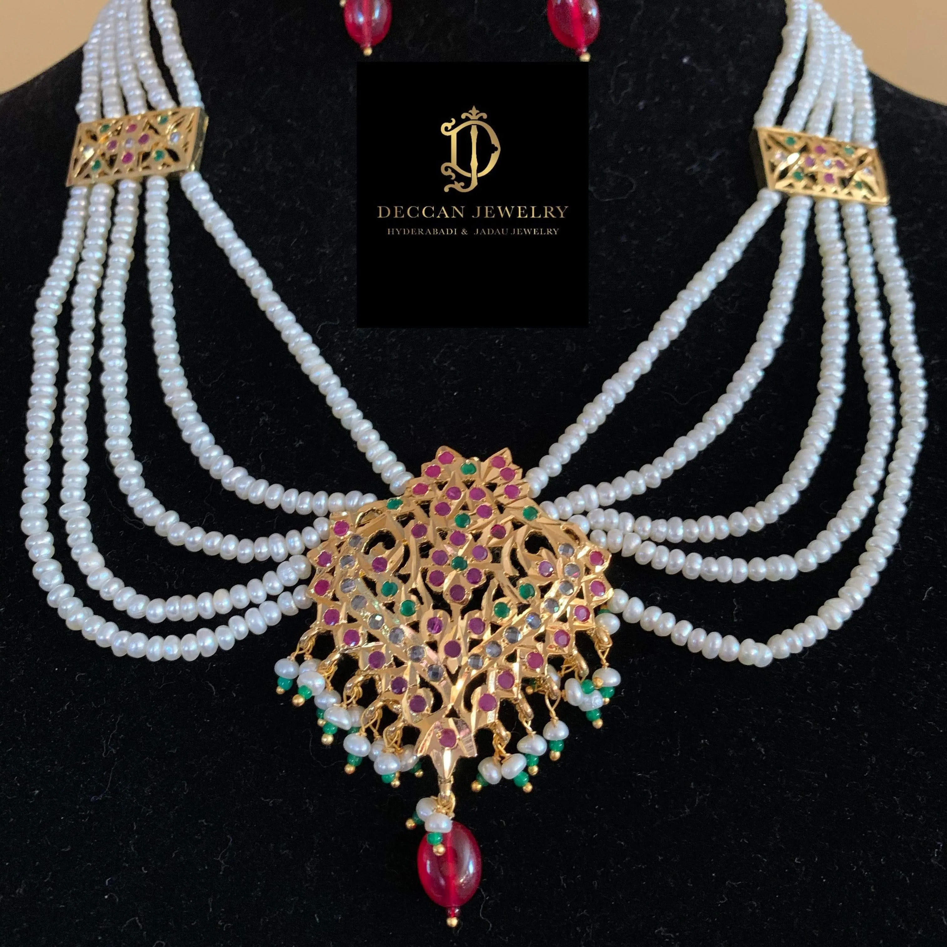 NS103 Sajal necklace in ruby emerald with fresh water  pearls (READY TO SHIP )