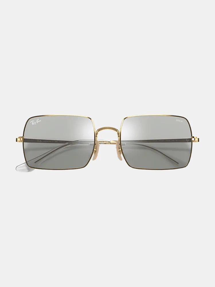 Ray-Ban Rectangle 1969 Mirror Evolve Sunglasses - Shiny Gold | Grey/Blue Photochromic Mirror Lenses