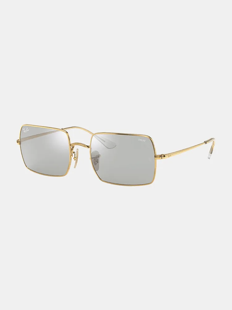 Ray-Ban Rectangle 1969 Mirror Evolve Sunglasses - Shiny Gold | Grey/Blue Photochromic Mirror Lenses