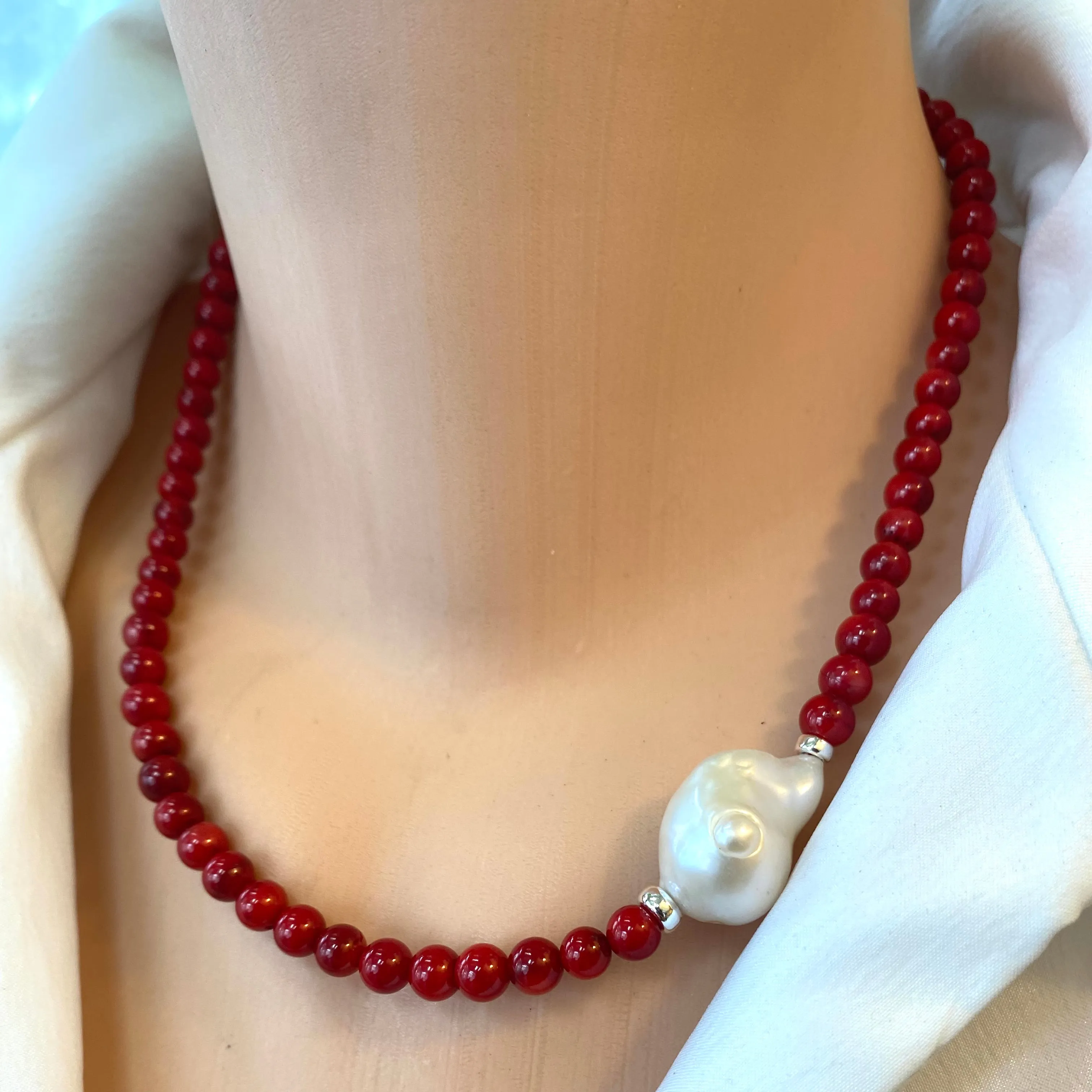 Red Coral Short Necklace with Natural Baroque Pearl and Sterling Silver Details, 18inches