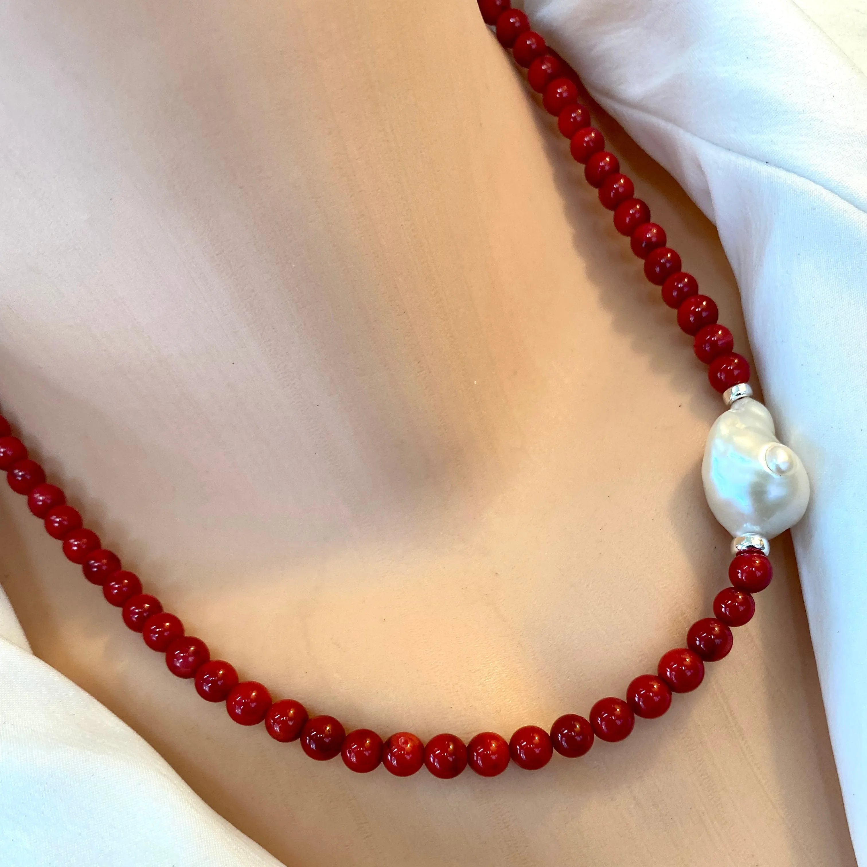 Red Coral Short Necklace with Natural Baroque Pearl and Sterling Silver Details, 18inches