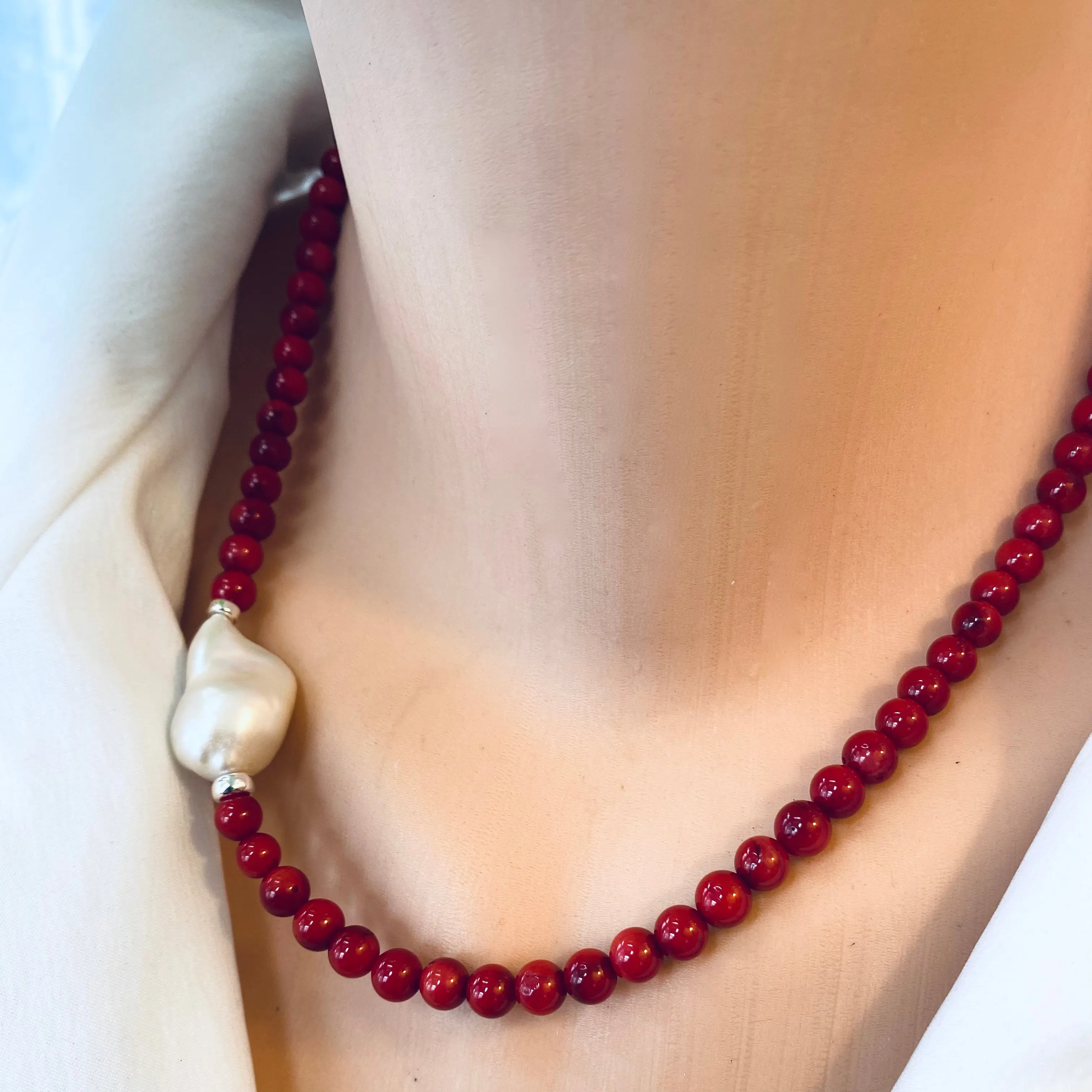 Red Coral Short Necklace with Natural Baroque Pearl and Sterling Silver Details, 18inches