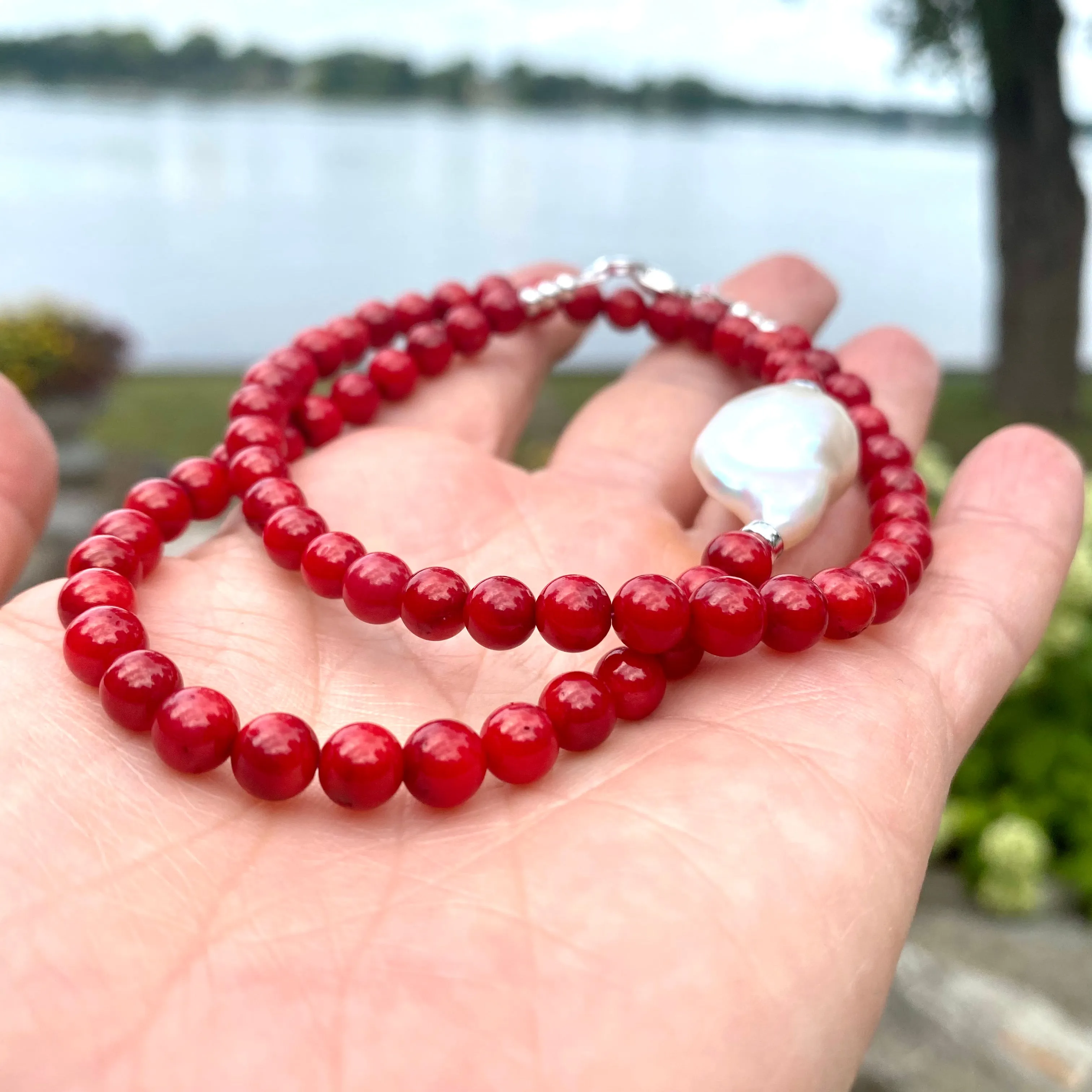 Red Coral Short Necklace with Natural Baroque Pearl and Sterling Silver Details, 18inches