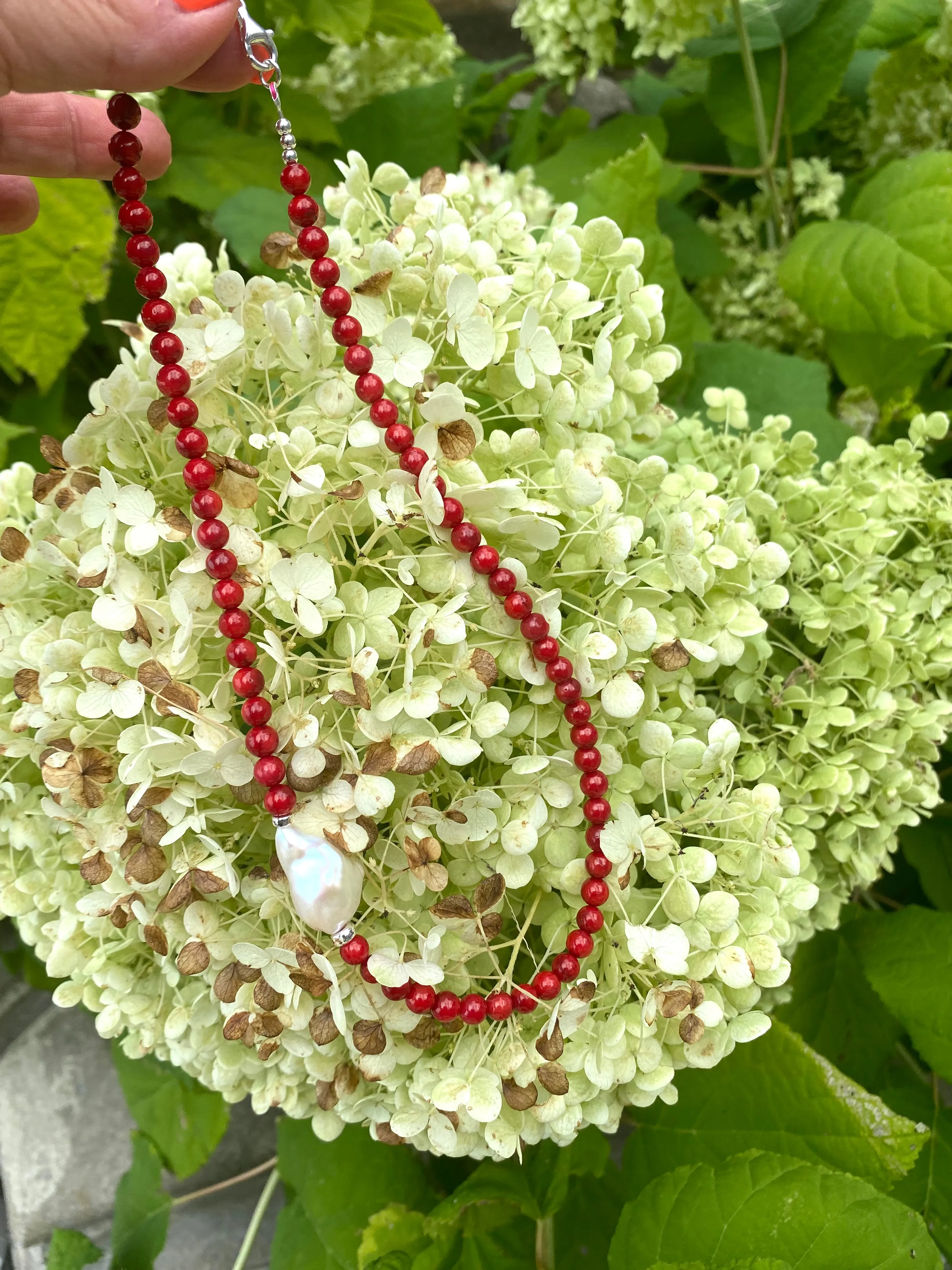 Red Coral Short Necklace with Natural Baroque Pearl and Sterling Silver Details, 18inches