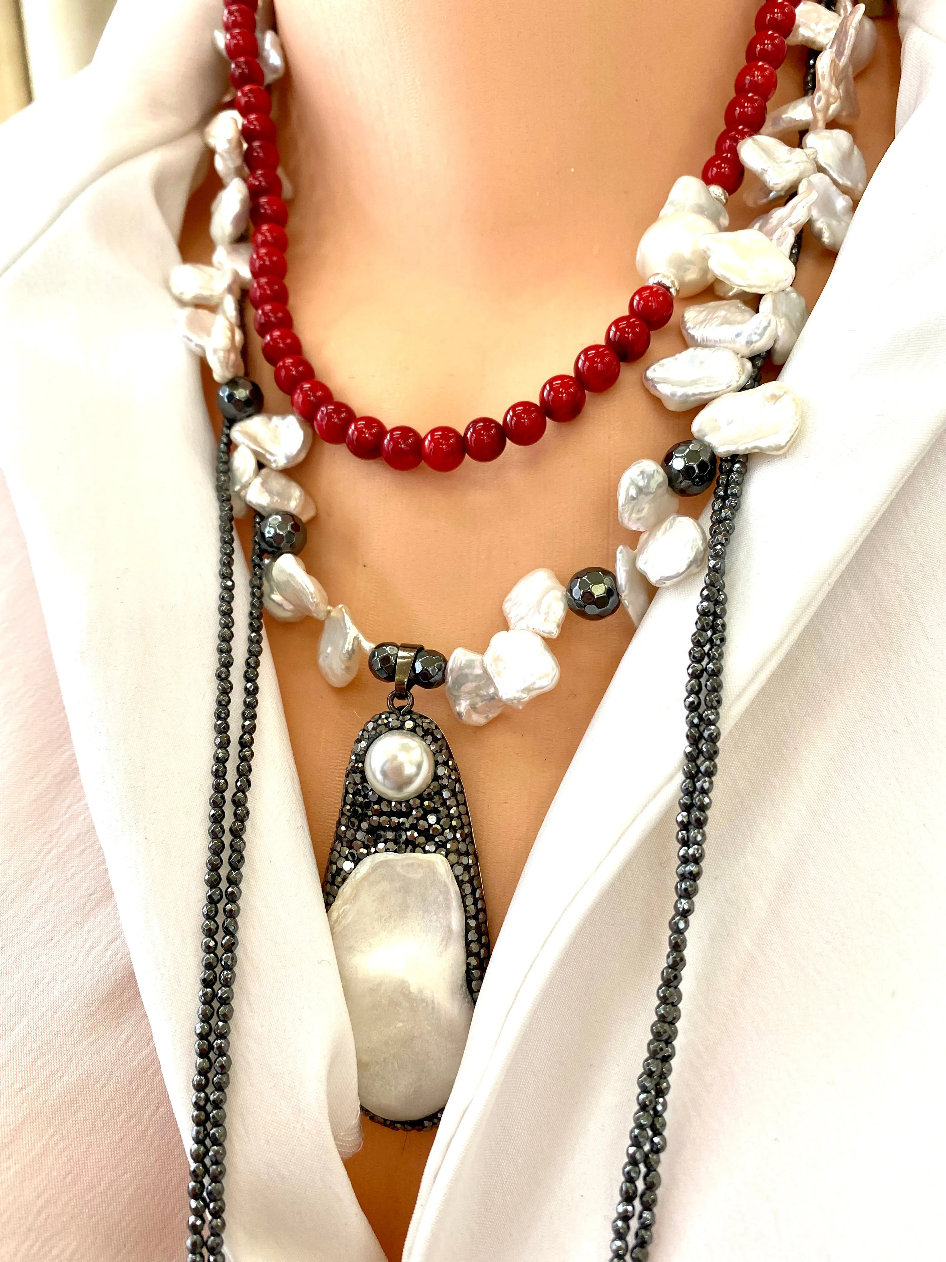 Red Coral Short Necklace with Natural Baroque Pearl and Sterling Silver Details, 18inches