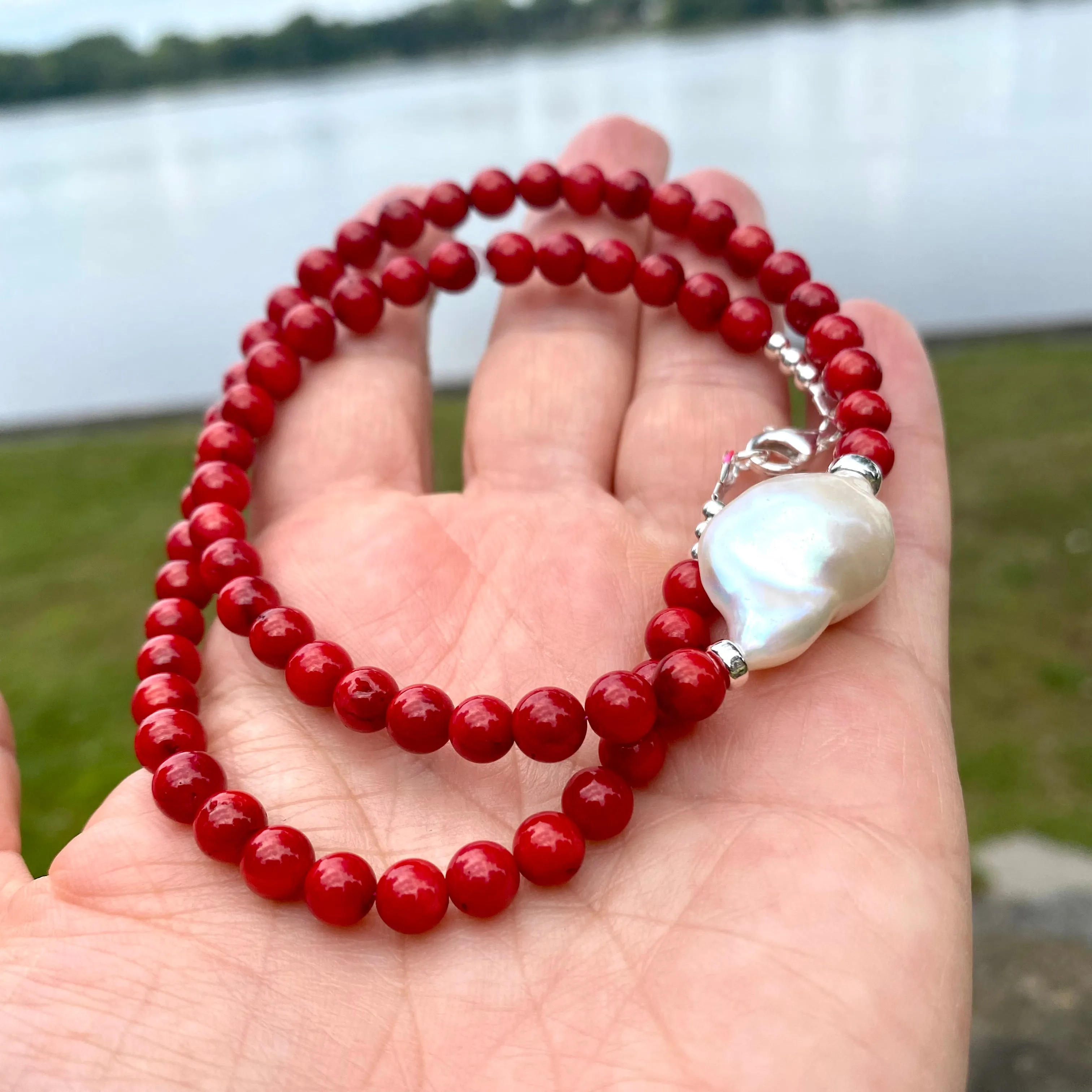 Red Coral Short Necklace with Natural Baroque Pearl and Sterling Silver Details, 18inches