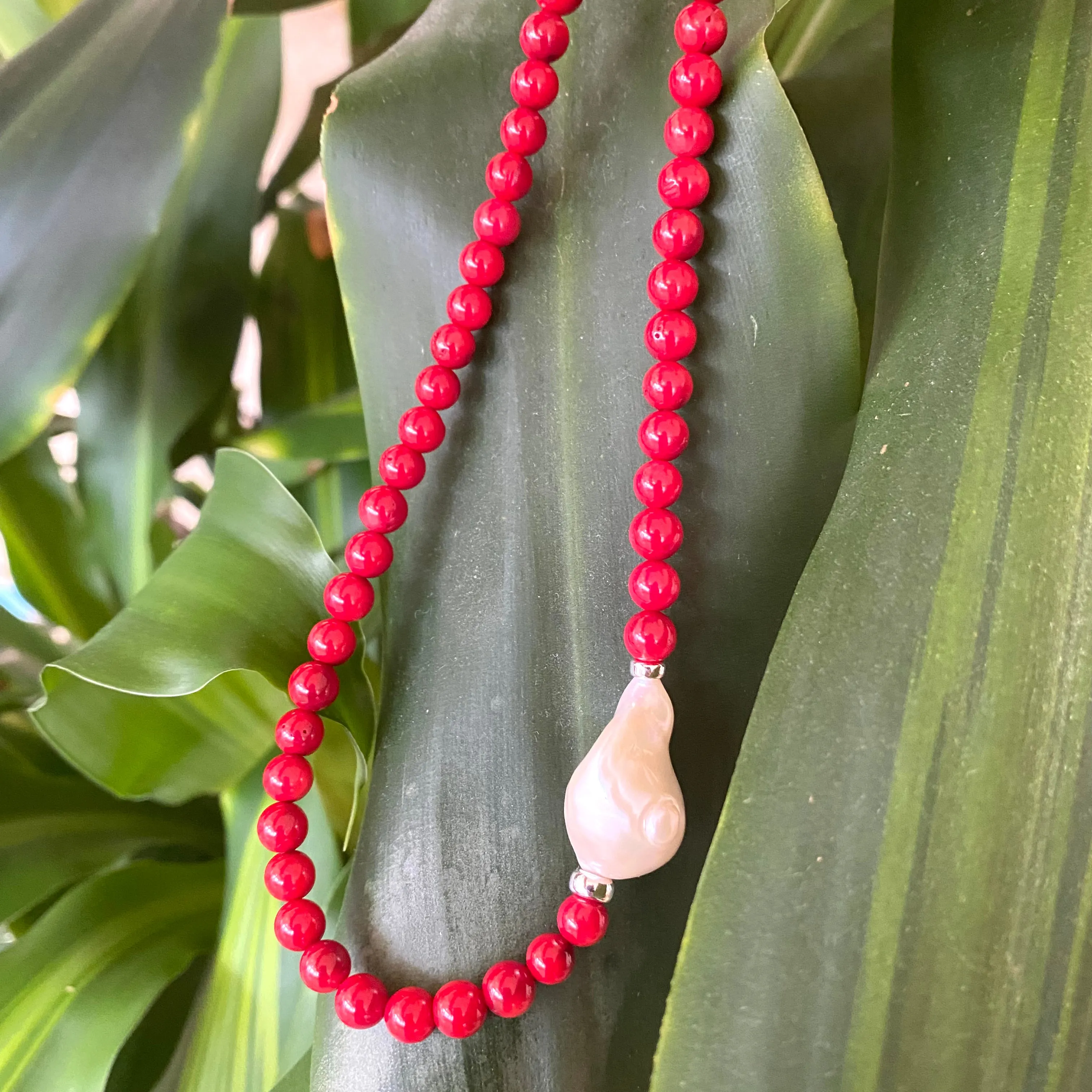 Red Coral Short Necklace with Natural Baroque Pearl and Sterling Silver Details, 18inches