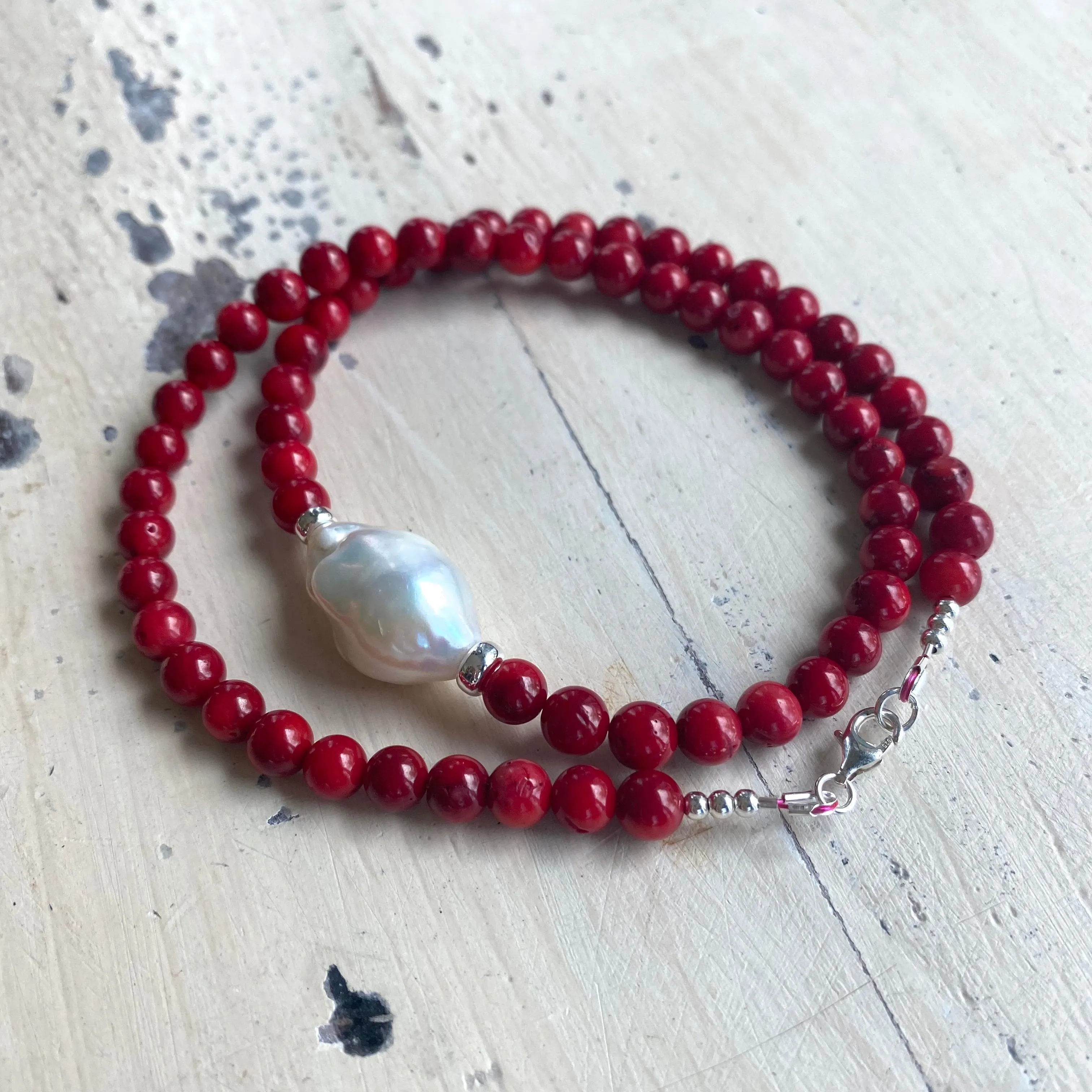 Red Coral Short Necklace with Natural Baroque Pearl and Sterling Silver Details, 18inches