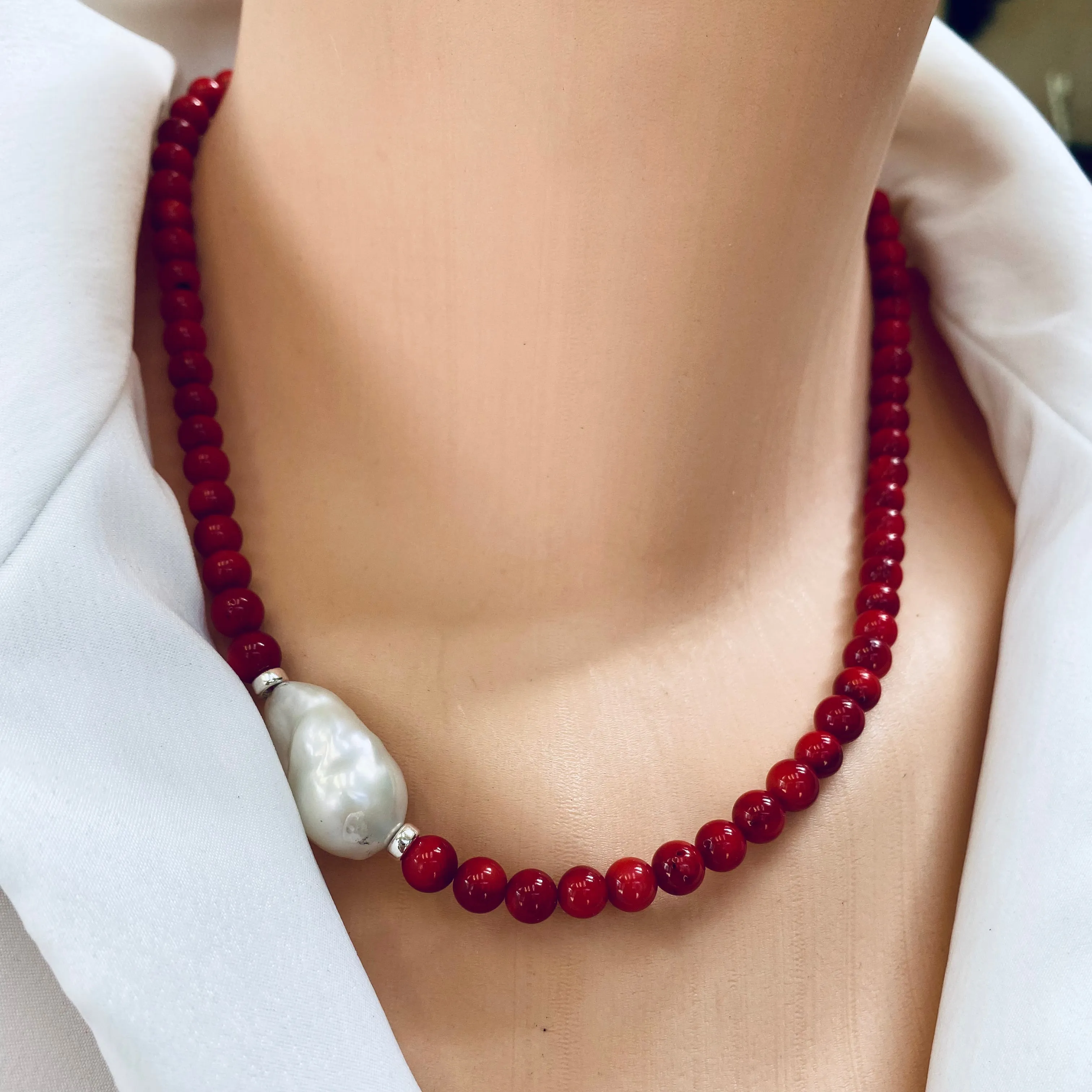 Red Coral Short Necklace with Natural Baroque Pearl and Sterling Silver Details, 18inches