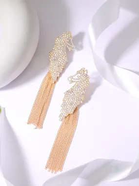 Rubans Voguish 18K Gold Toned White Zircons Studded Gold Tassels Dangle Earrings