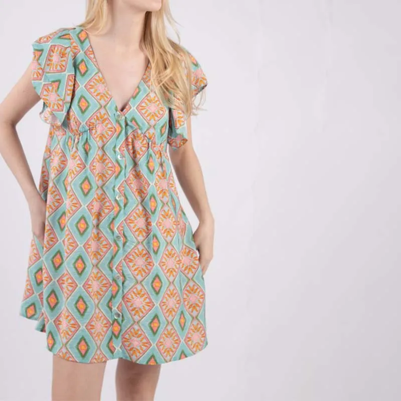 Ruffle Short Sleeve Printed Dress