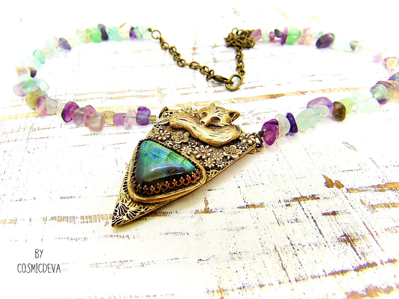 Sleeping Fox Floral Labradorite Gold Bronze Pendant With Fluorite Necklace