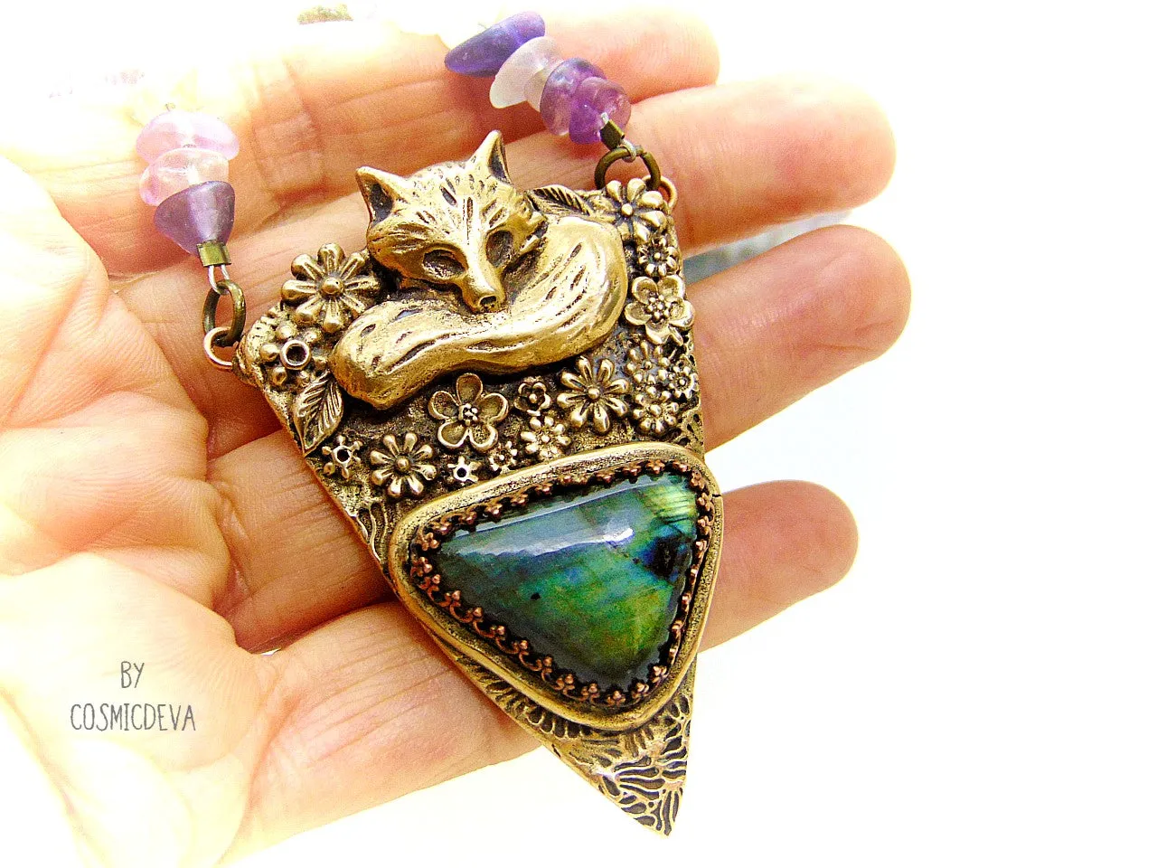 Sleeping Fox Floral Labradorite Gold Bronze Pendant With Fluorite Necklace