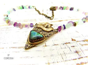 Sleeping Fox Floral Labradorite Gold Bronze Pendant With Fluorite Necklace