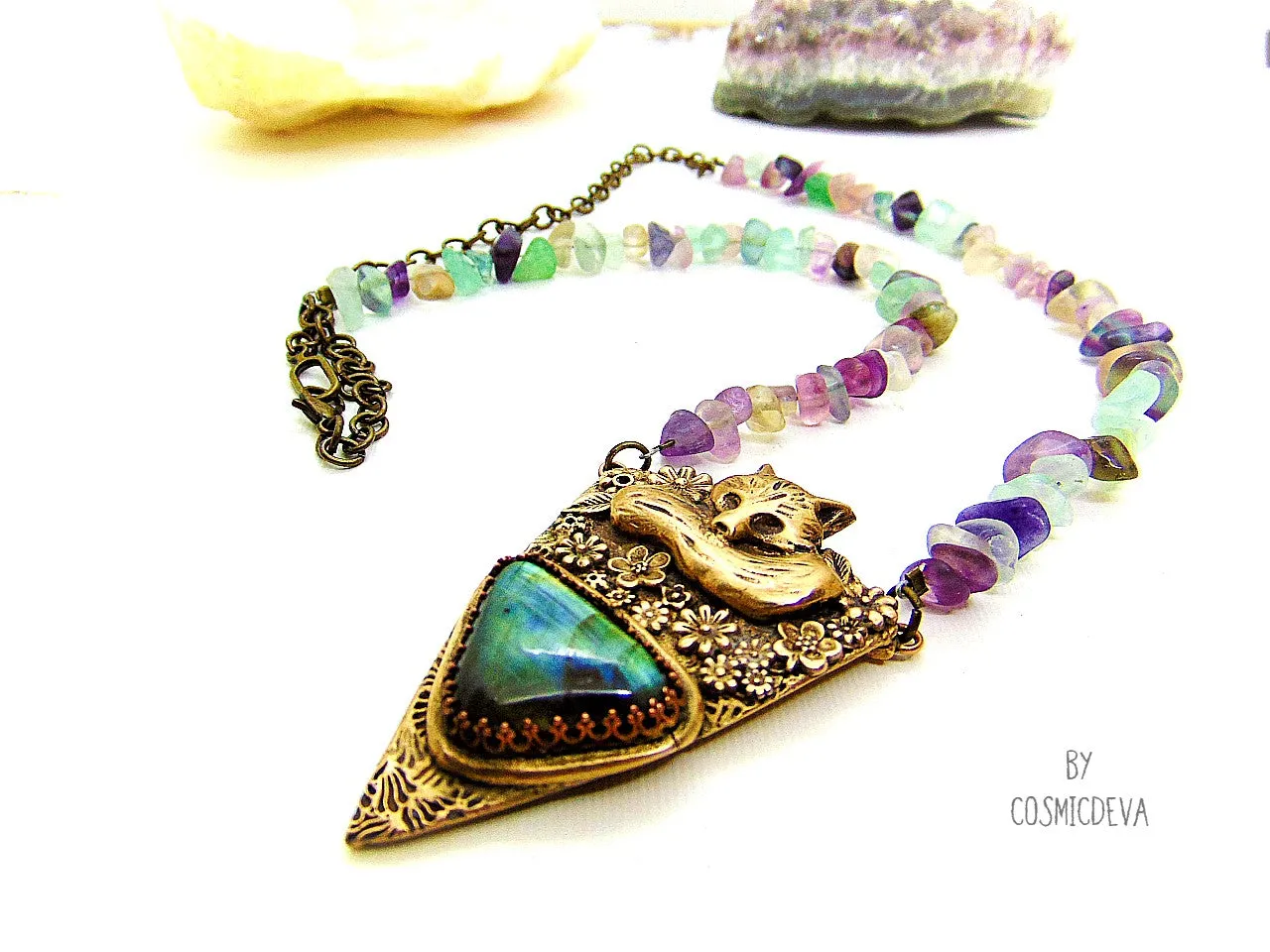 Sleeping Fox Floral Labradorite Gold Bronze Pendant With Fluorite Necklace