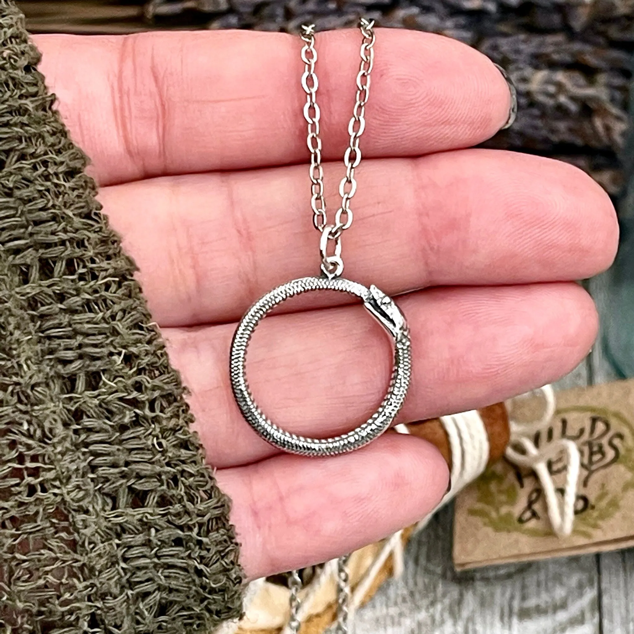 Tiny Talisman Collection - Sterling Silver Ouroboros Snake Pendant 26x21mm  /