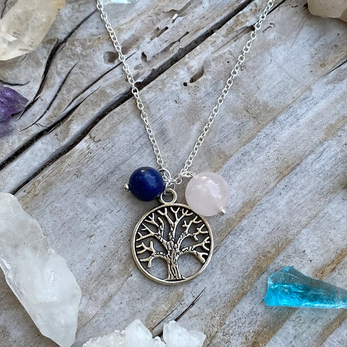 Tree of Life Necklace for Grounding with Rose Quartz and Lapis Lazuli