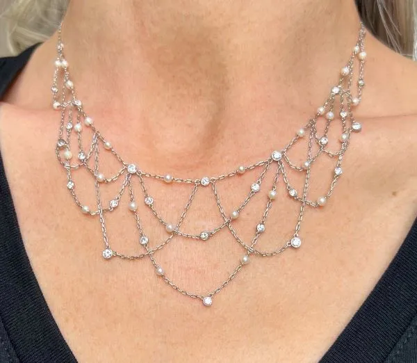 Vintage Diamond & Pearl Festoon Necklace