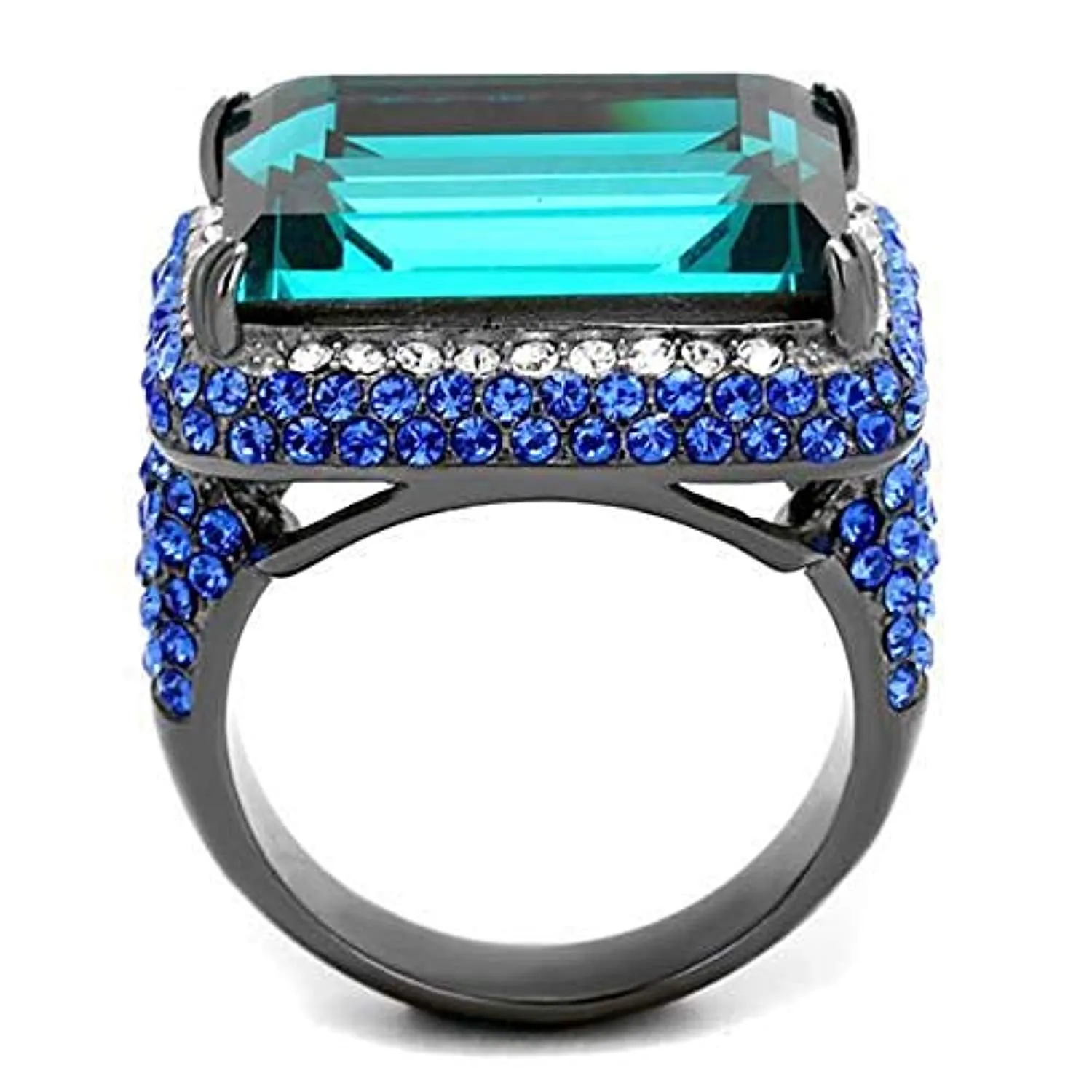 WildKlass Stainless Steel Ring IP Light Black (IP Gun) Women Top Grade Crystal Blue Zircon