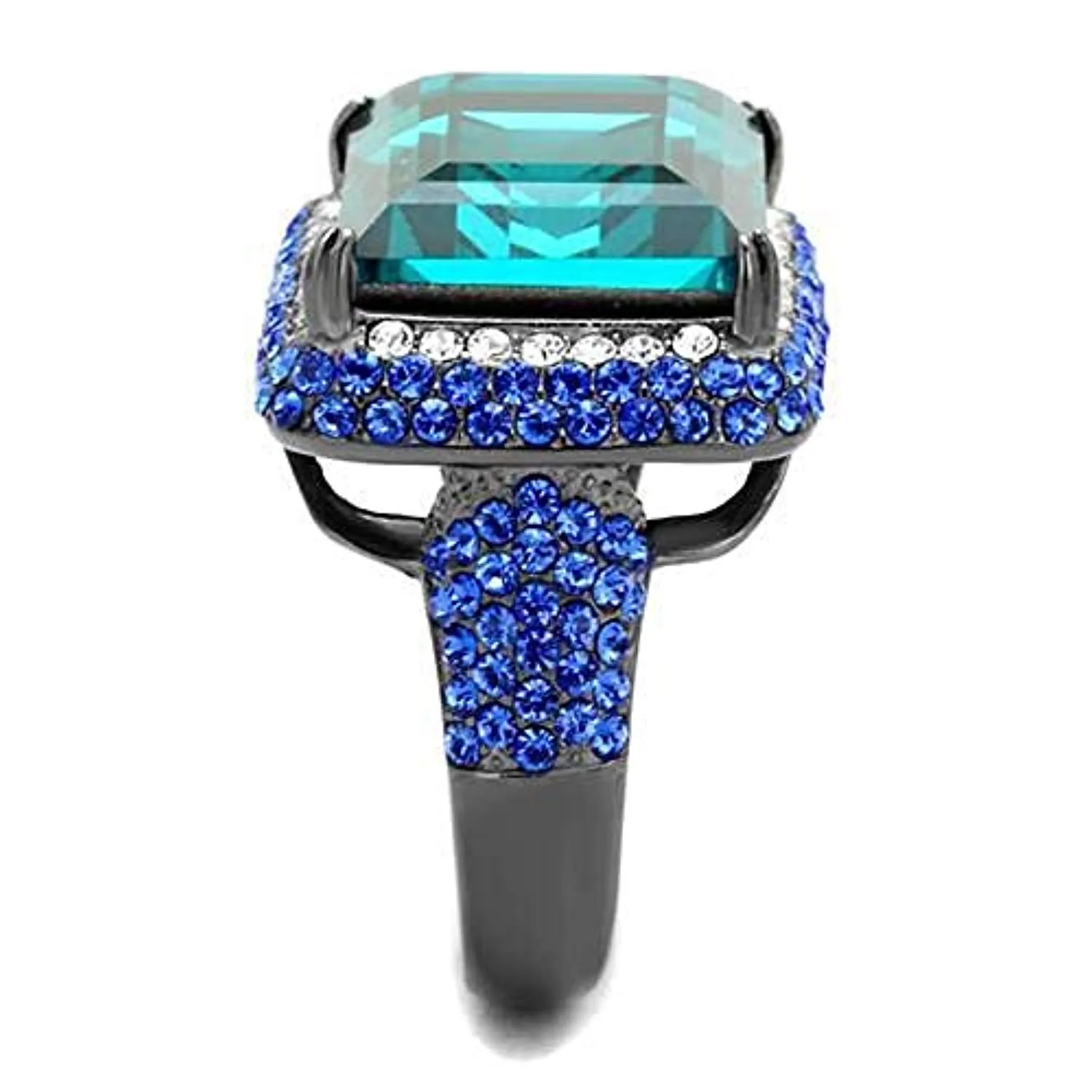 WildKlass Stainless Steel Ring IP Light Black (IP Gun) Women Top Grade Crystal Blue Zircon