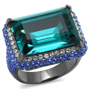 WildKlass Stainless Steel Ring IP Light Black (IP Gun) Women Top Grade Crystal Blue Zircon