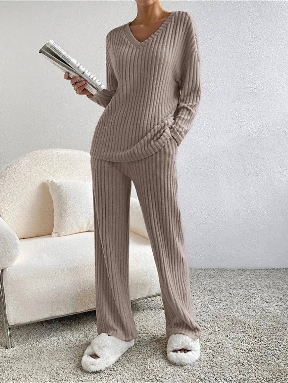 Women's Cozy Fleece Long Sleeve T-shirt and Pants Set in Black, Khaki, and Beige