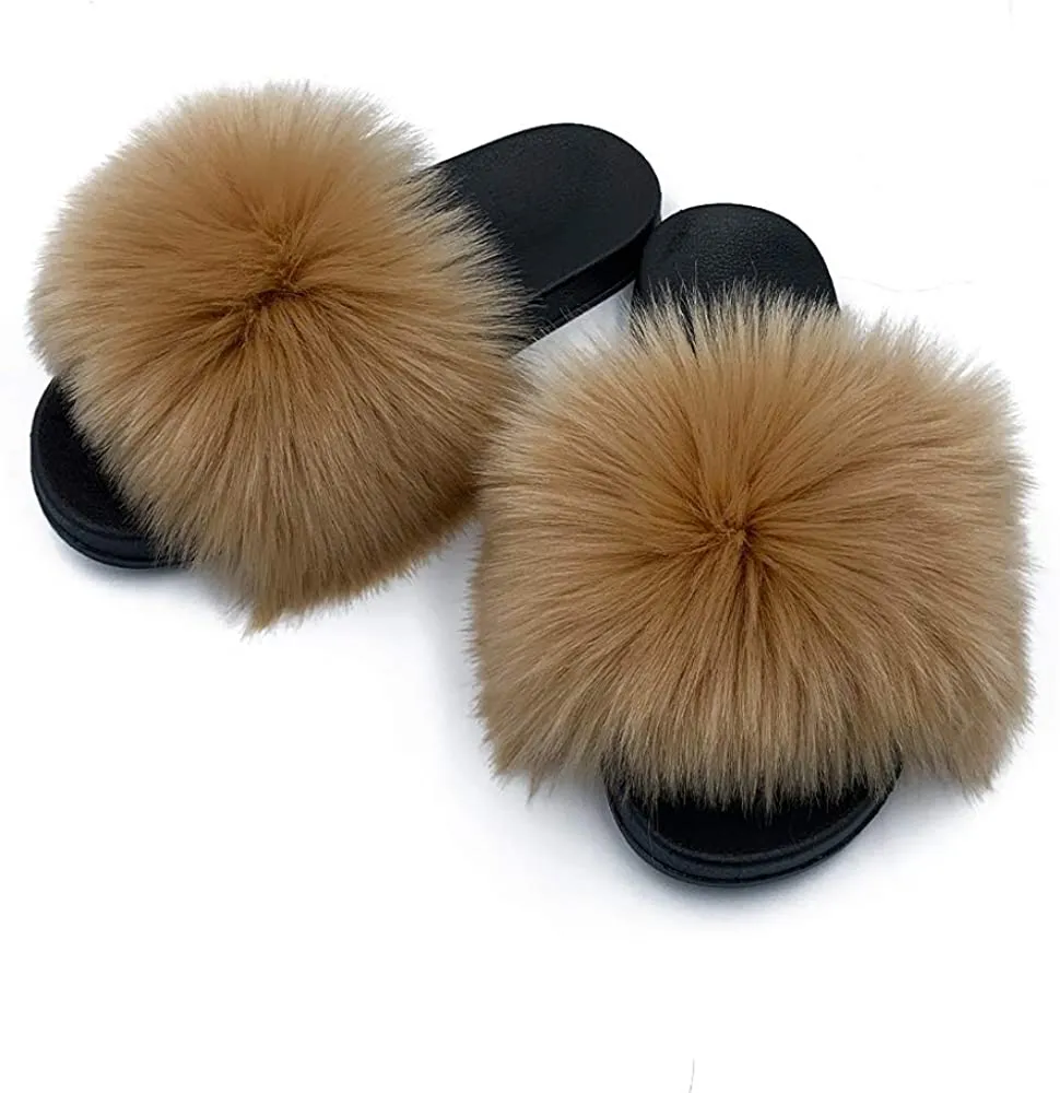 Womens Faux Fur Slippers Fluffy Fuzzy Open Toe Slides Flip Flop