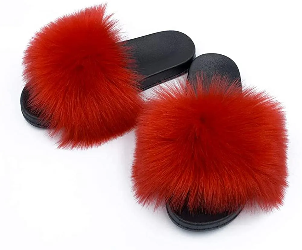 Womens Faux Fur Slippers Fluffy Fuzzy Open Toe Slides Flip Flop