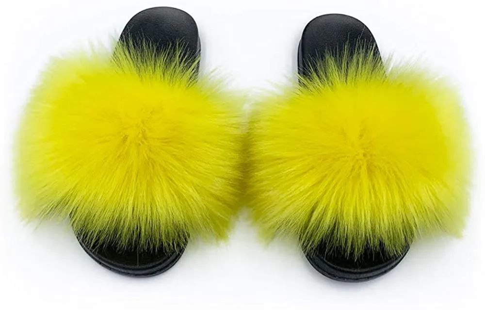 Womens Faux Fur Slippers Fluffy Fuzzy Open Toe Slides Flip Flop