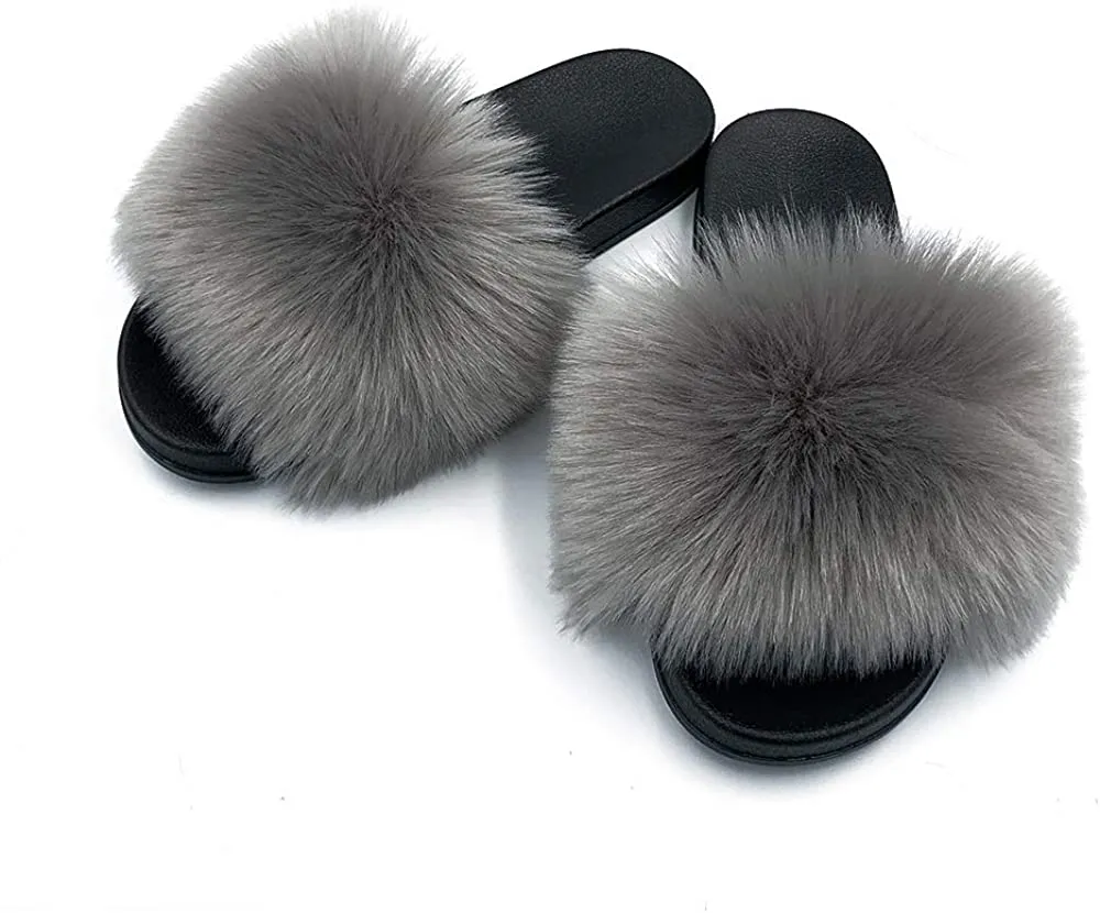 Womens Faux Fur Slippers Fluffy Fuzzy Open Toe Slides Flip Flop