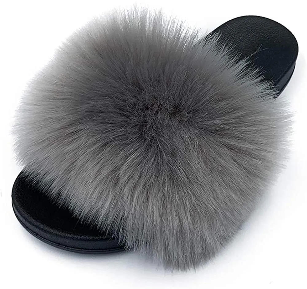 Womens Faux Fur Slippers Fluffy Fuzzy Open Toe Slides Flip Flop