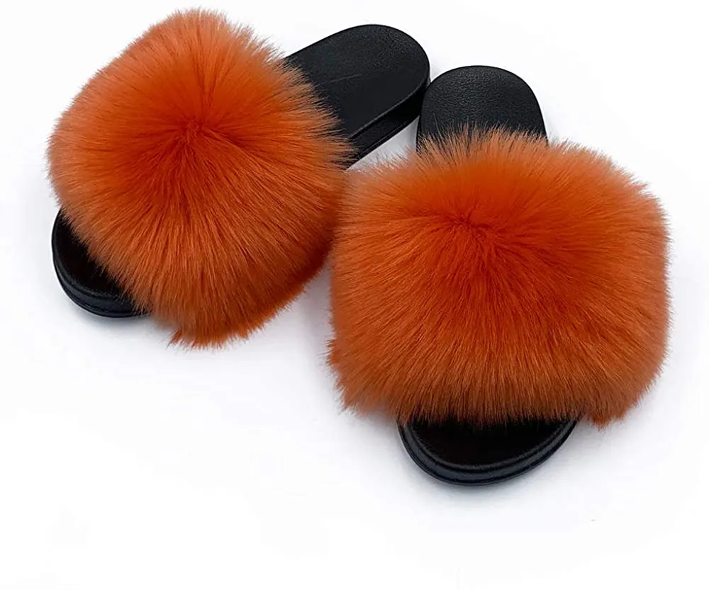 Womens Faux Fur Slippers Fluffy Fuzzy Open Toe Slides Flip Flop