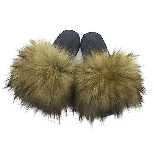 Womens Faux Fur Slippers Fluffy Fuzzy Open Toe Slides Flip Flop