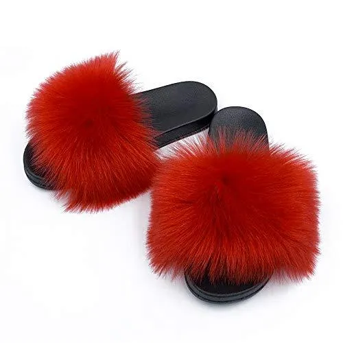 Womens Faux Fur Slippers Fluffy Fuzzy Open Toe Slides Flip Flop