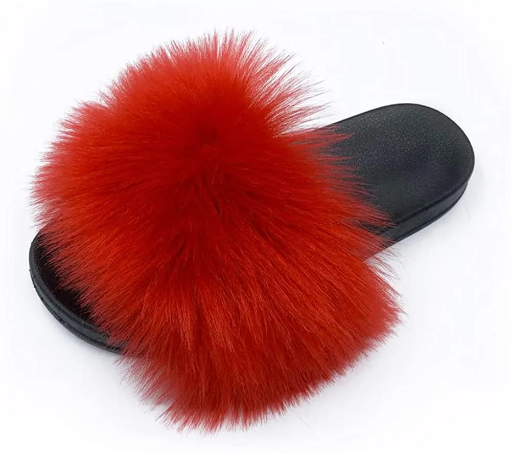 Womens Faux Fur Slippers Fluffy Fuzzy Open Toe Slides Flip Flop