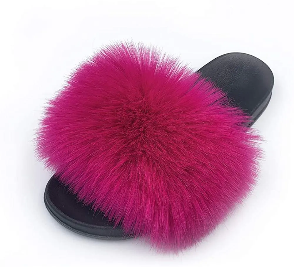 Womens Faux Fur Slippers Fluffy Fuzzy Open Toe Slides Flip Flop