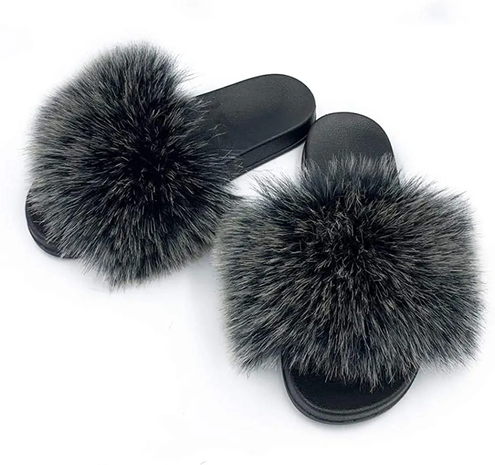 Womens Faux Fur Slippers Fluffy Fuzzy Open Toe Slides Flip Flop