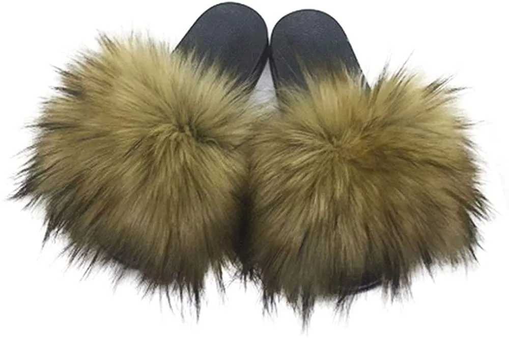 Womens Faux Fur Slippers Fluffy Fuzzy Open Toe Slides Flip Flop