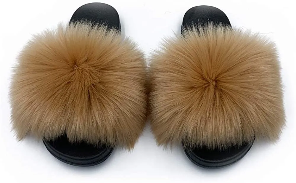 Womens Faux Fur Slippers Fluffy Fuzzy Open Toe Slides Flip Flop