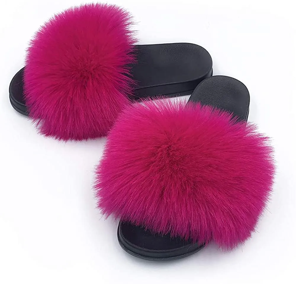 Womens Faux Fur Slippers Fluffy Fuzzy Open Toe Slides Flip Flop