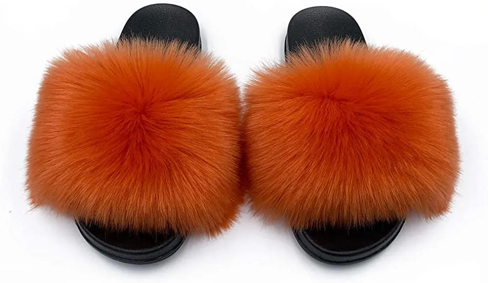 Womens Faux Fur Slippers Fluffy Fuzzy Open Toe Slides Flip Flop