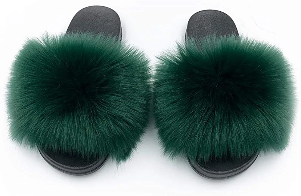 Womens Faux Fur Slippers Fluffy Fuzzy Open Toe Slides Flip Flop