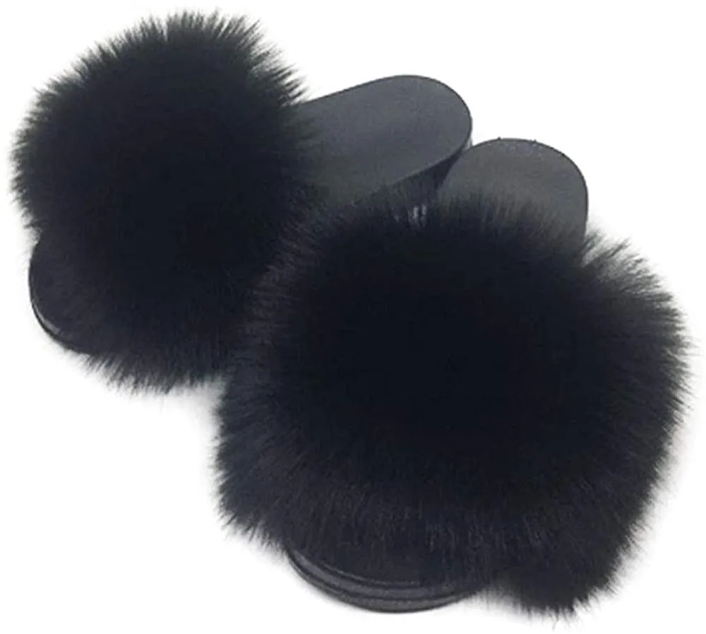 Womens Faux Fur Slippers Fluffy Fuzzy Open Toe Slides Flip Flop