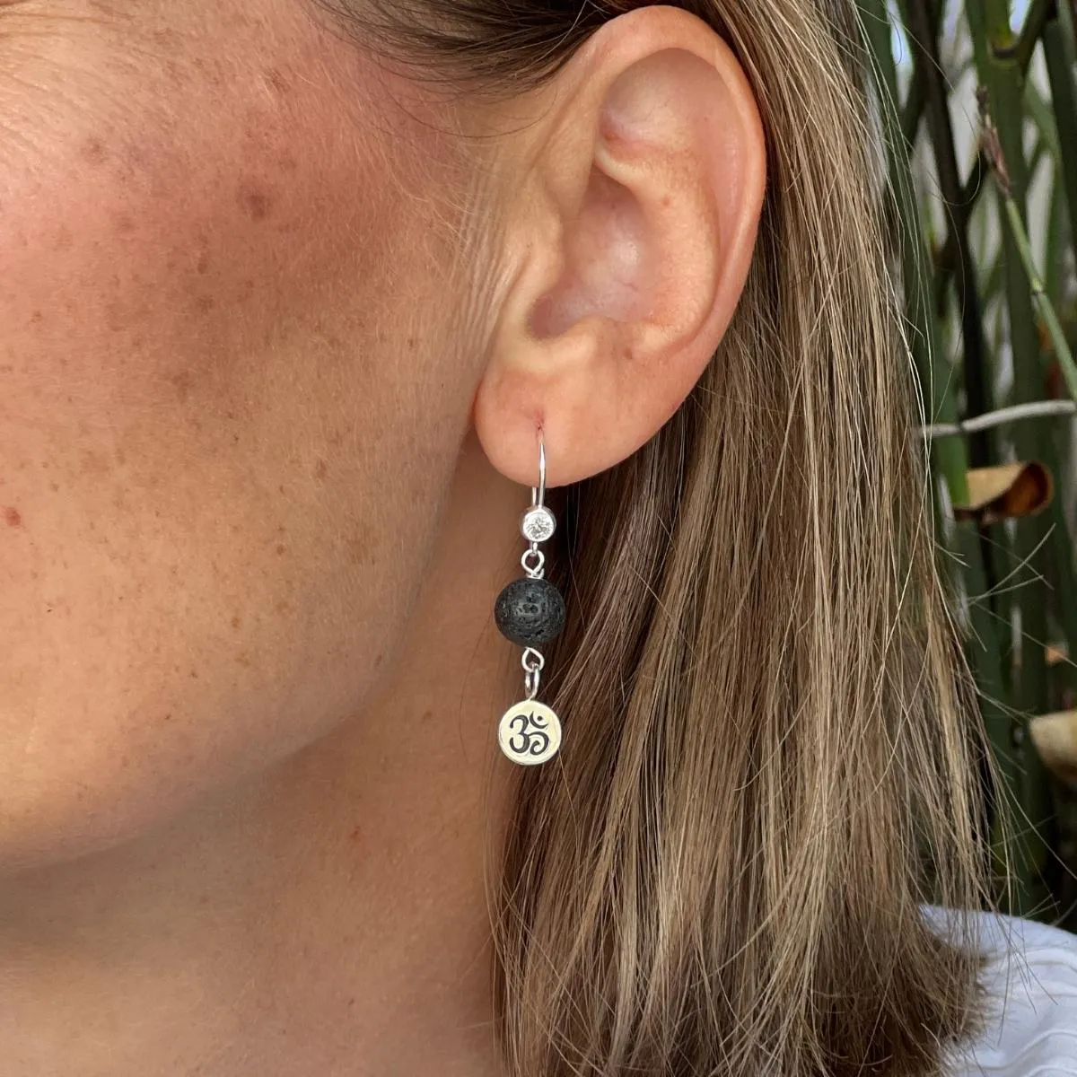 Yoga Inspired Earrings with Ohm and Lava Stone to Hear the Sound of the Universe